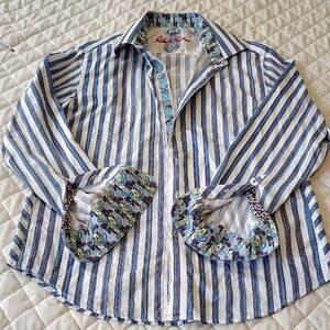 Robert Graham Men's Blue and White Striped Button Down Shirt. 100%Cotton Size L.